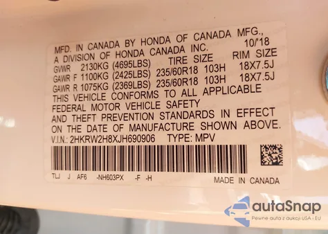 2018 Honda Cr-V Ex-L/Ex-L Navi from USA, damaged, VIN 2HKRW2H8XJH690906